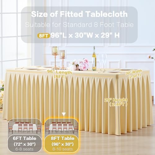 4 Pack Beige Rectangle Tablecloth 8 FT Stretch Spandex Fitted Table Cloth for 8 Foot Rectangle Tables Banquet Tablecloths Wrinkle Free Table Cover Skirt Ruffle Tablecloth for Party Wedding Birthday - Image 5