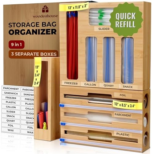 Kitchen Drawer Organizer, 9" 1 Sandwich Storage Bag Organizer & Foil Wrap by Woodenhouse