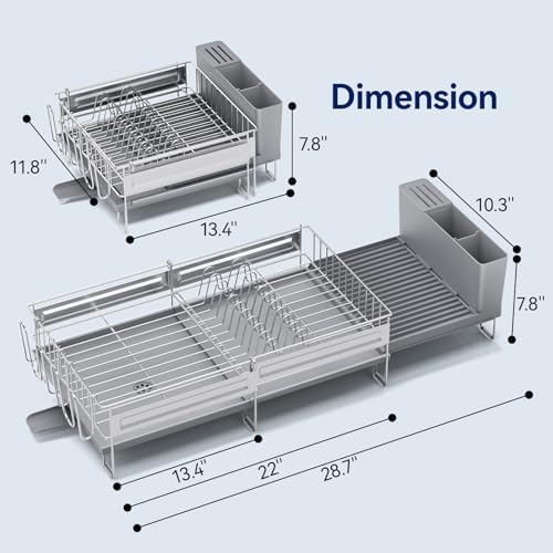 Stainless Steel Dish Drying Rack - Expandable Dish Racks for Kitchen Counter Organizer with Drain Board, Detachable Utensil & Cup Holder, Dish Drainer for Small Kitchen Counter, Grey - Image 6
