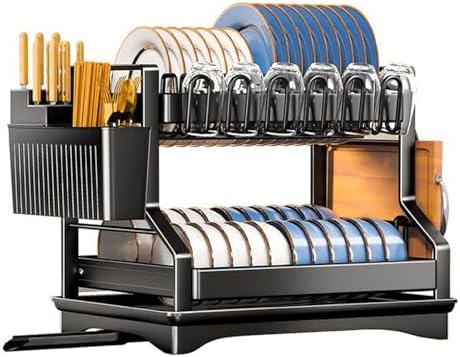 Black 2 Tier Dish Drying Rack Stainless Steel for Kitchen Counter by mfanchan