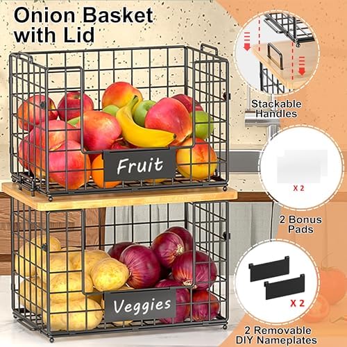 2-Pack Stackable Wire Baskets with 2 Pads & Bamboo Top, Pantry Organizer | Potato and Onion Storage Bin with Labels, Organize Produce/Fruit/Vegetable on Kitchen Counter, Cabinet or Under Sink, XL - Image 4