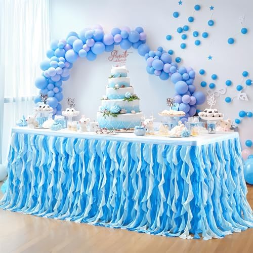 Partisky Ocean Blue Tulle Tutu Ruffle Curly Willow Table Skirt for Rectangle Table 9ft,Under The Sea Baby Shark Themed Table Cloth for Boys Girls Birthday Party or Baby Shower - Image 3