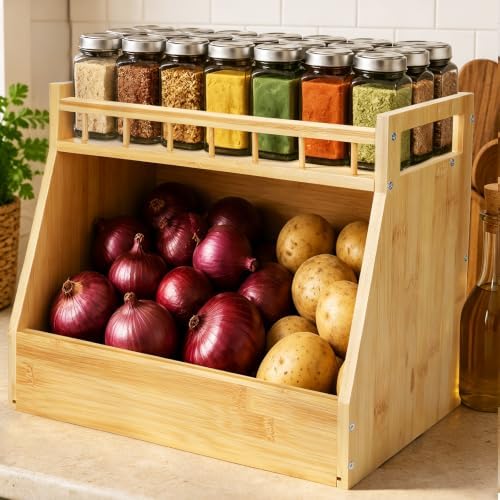 Potato and Onion Storage Bin, Bamboo Pantry Organizer with Spice Rack, 2 Tier Open Front Produce Storage Bin for Kitchen Counter Coffee Bar Garlic Fruit and Root Vegetable Storage by Unknown