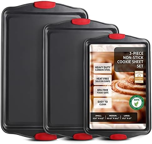 Baking Sheet Set, 3-Piece Cookie Sheet Set with Silicone Handles, Steel Baking Pan, Durable Baking Sheets for Oven, BPA Free Cookie Sheets for Baking Nonstick Set, Premium Sheet Pan, Black Baking Tray by JOYTABLE