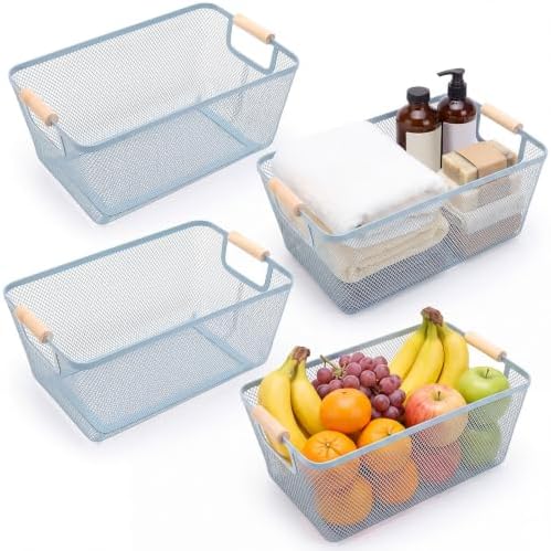 Ziliny 4 Pcs Mesh Wire Baskets for Organizing, Large, Light Blue | Metal Pantry Organizers with Wooden Handles, Storage Steel Bin, Kitchen Baskets for Fruit Potato Onion Snacks Bath Cabinet by Ziliny