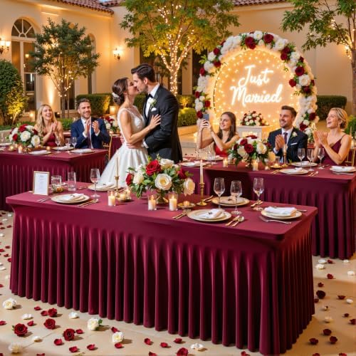 gogoparti 6 Pack Spandex Burgundy Fitted Table Cloth for 6ft Rectangle Tables Burgundy Stretch Tablecloth Table Covers Banquet Table Clothes Wrinkle Free Table Skirt for Parties Wedding - Image 2