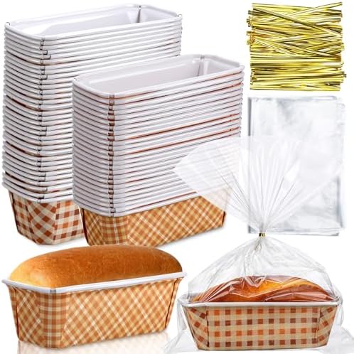 Hushee 50 Sets Fall Paper Loaf Pan 6.3 x 2.2 x 2.2 Inch Disposable Cake Pan Liners with Clear Plastic Bags and Ties Rectangle Paper Baking Mold for Thanksgiving Autumn Bread Cake Bakery(Plaid) by Hushee