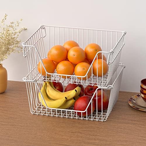 Slideep 14" Large Bin Baskets Stacking Baskets Sturdy Metal Wire Storage Baskets Organization with Handles for Pantry, Kitchen, Closets, Bathroom, Cabinets, Kitchen,White, Set of 3 - Image 5
