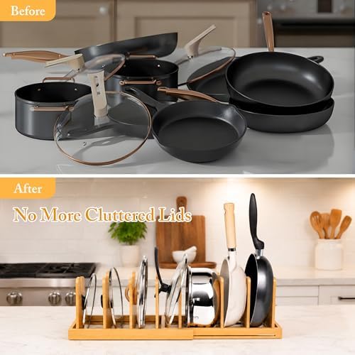 MinBoo Bamboo Expandable Pot Lid Organizer, Pot and Pan Organizer Drawer Organizer for Pot Lids, Adjustable 10 U-Shaped Dividers for Kitchen Cabinet Organizers and Storage (Bamboo-1) - Image 5
