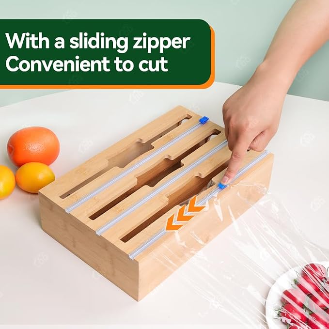 LDQ 9-in-1 Shatterproof Square Bamboo Storage Box - Aluminum Foil Dispensr with Cutter, Reusable Quarter Multi-Functional Sealed Bag Organizer for Kitchen Drawers, Walls, and Cabinetse - Image 6