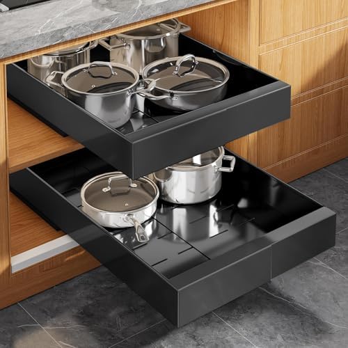 Seinloes 2 Pack Expandable Pull Out Cabinet Organizer 21" Deep with Raising Pad for Framed Cabinets,Upgrade 3 Slide Rails Slide Out Drawers,Roll Out Shelves Adhesive,Adjustable Width 9"-14.1" Black by Seinloes