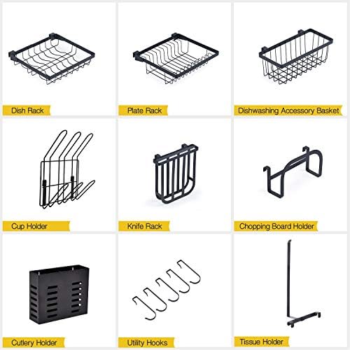 KINGRACK Over The Sink Dish Drying Rack, 2-Tier Dish Rack, Dish Drainer with Utensil Holder&Hooks, Kitchen Storage Organizer for Plates Bowls Pots, Black, for Sink Size < 24.8'' - Image 7