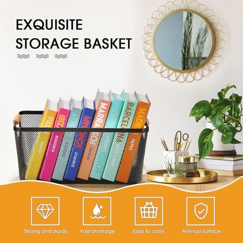 Ziliny 4 Pcs Mesh Wire Baskets for Organizing, Extra Large, Black | Metal Pantry Organizers with Wooden Handles, Storage Steel Bin, Kitchen Baskets for Fruit Potato Onion Snacks Bath Cabinet - Image 4