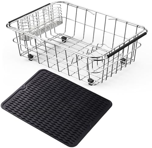 NiuYichee Stainless Steel Dish Drying Rack (15" L X 11" W X 4.1" H), Expandable Fruit & Vegetable Drain Rack Over Sink, Dish Drainer Rack in Sink, with Utensil Holder & Silicone Mat (16") by NiuYichee