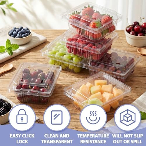 Threehoney 100 Pack Clear Plastic Vented Berry Containers with Clamshell Lids, 1/2 Pint Berry Baskets for Strawberry, Disposable Food Storage for Farmers Market Fridge Picnic (5.3×4.7×2.4 Inch) - Image 4