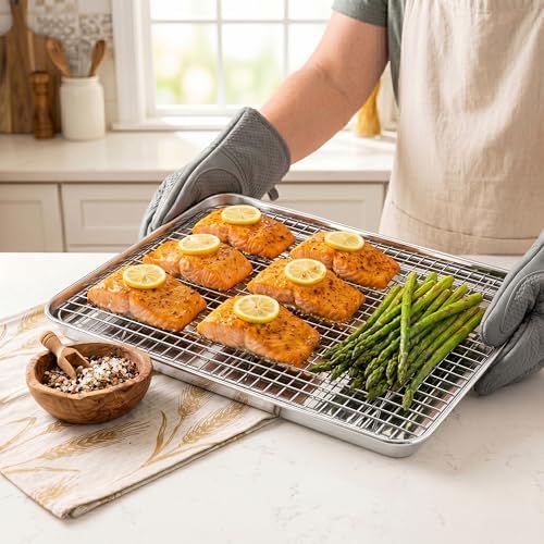 Homikit Half Baking Sheet with Wire Rack (1 Pan+1 Cooling Rack), 18" x 13" | Stainless Steel Cookie Sheet Pan with Cooling Rack Set, Large Bacon Tray for Oven Baking Cooking Roasting, Dishwasher Safe - Image 6