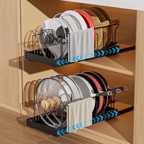 Black 2 Pack Pot Lid Organizer, Pull Out Cabinet Rack, 8 Dividers by WOSHEN