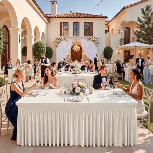 CO-AVE 2pack Beige Spandex Tablecloths 8ft for Rectangle Tables, Wrinkle Free Classy Table Skirt Stretchy 8 Foot Fitted Table Cloths Covers for Weddings Birthday Party Events Banquette Baby Shower - Image 5