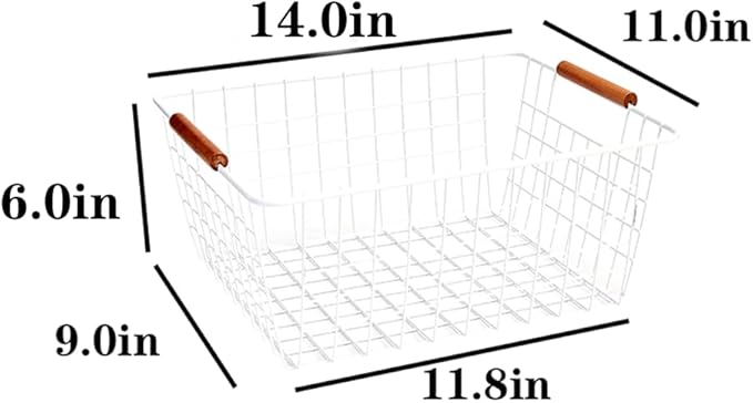LeleCAT Large white wire baskets with Wooden Handles for storage pantry, Storage Organizer Baskets, Household Refrigerator for Cabinets, Closets, Bedrooms, kitchen - Set of 2（White） - Image 2