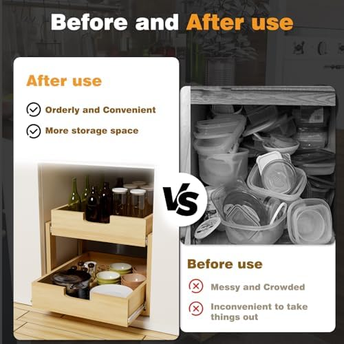 Pull Out Cabinet Organizer, 14''W×21''D Sliding Drawers for Cabinets, 2 Tier Soft Close Slide Out Wooden Pull out Drawers, Base Cabinet Organization for Kitchen, Pantry, Bathroom - Image 6