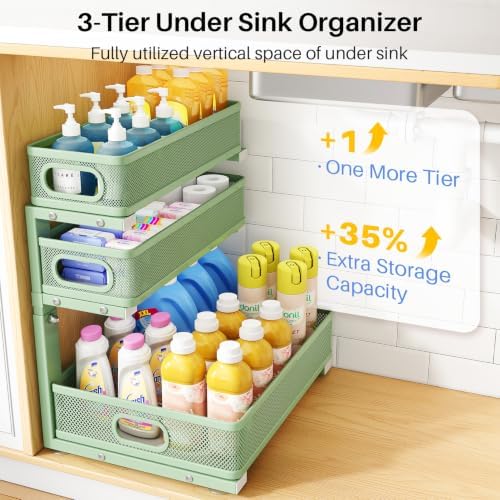 Under Sink Organizer, 3-Tier Thickened Metal Pull out Cabinet Organizer Shelf, Height Adjustable Slide out Storage Drawer Rack for Kitchen Bathroom Pantry Laundry Home Organization, 1-Pack, Green - Image 3