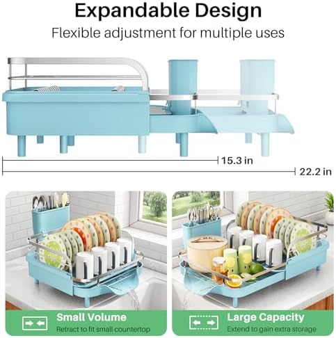 SAYZH Expandable Dish Drying Rack for Small Kitchen Counter, Blue - Image 3