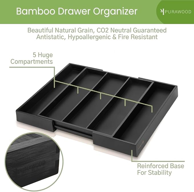 Purawood Kitchen Drawer Organizer - Expandable Utensil Organizer for Kitchen, Cutlery Tray & Silverware Organizer, 3-5 Slots - Bamboo Drawer Organizer for Utensils & Flatware (Black) - Image 3