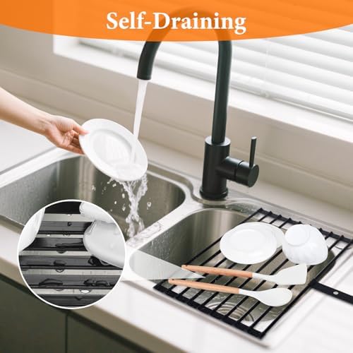 Roll Up Dish Drainer Rack, Over The Sink, Drying Mat Large Foldable with Anti-Slip Silicone Edges and Strap for Plates, Bowls, Cups, 51x32cm, Black - Image 2