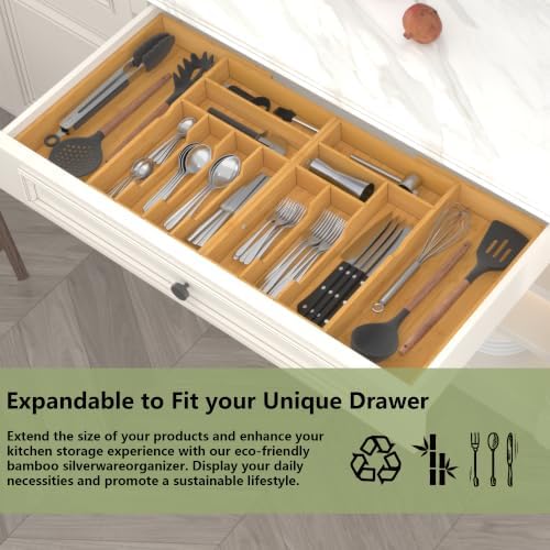 Suli Extra Large Silverware Drawer Organizer,Expandable 22in to 37in,Bamboo | 2.6in Deep,13 Slot,Removable Design,Expandable Utensil Tray for Kitchen Drawer,Big Adjustable Cooking Cutlery Flatware Holder - Image 4