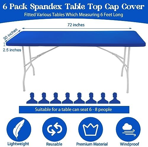 Fivenl 6 Pack Spandex Table Top Cover for 6FT Rectangle Table, Stretch Fitted Tablecloth Washable Elastic Edge for Indoor Outdoor Party Picnic Camping (30" W x 72" L, Royal Blue) - Image 2
