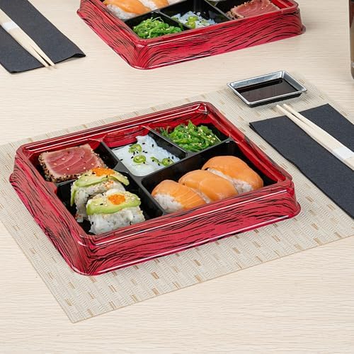 Restaurantware-Bento Tek 18.3 Ounce Meal Prep Containers, 50 Disposable To Go Food Boxes - Lids Sold Separately, 5 Compartments, Red And Black Plastic Bento Lunch Boxes, Freezable, For Take Out - Image 3
