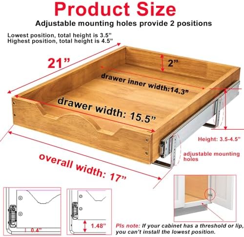 DINDON 1 Tier Pull Out Cabinet Organizer (17"W x 21"D) Single Tier Heavy Duty Slide Out Wood Drawer Under Cabinet Shelf Organization Storage - Image 2