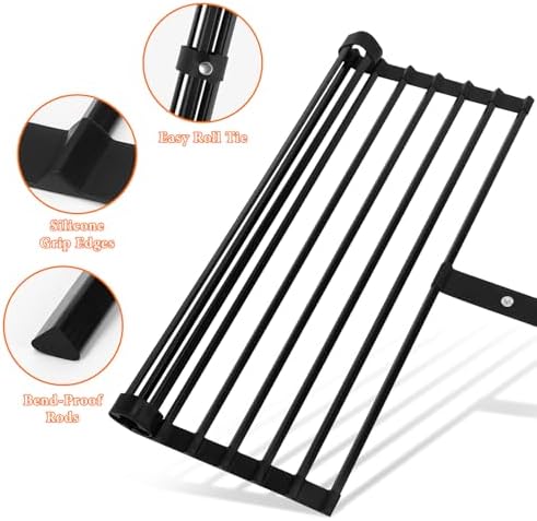 Roll Up Dish Drainer Rack, Over The Sink, Drying Mat Large Foldable with Anti-Slip Silicone Edges and Strap for Plates, Bowls, Cups, 51x32cm, Black - Image 4