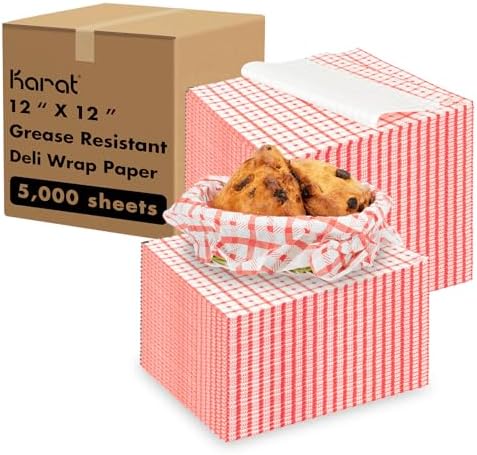 Karat [5,000 ct ] 12" x 12" Deli Paper Sheets | Grease-Resistant Sandwich Wrapping Paper for Burgers, Fries, Food Baskets, Containers | Shepherd’s Red Check Pattern by Karat