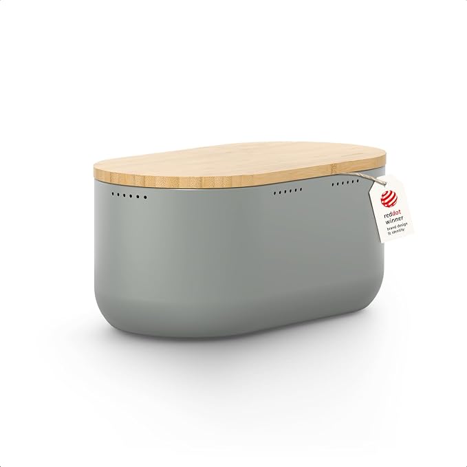 LARS NYSØM Bread Box I Metal bread box for long lasting freshness with non-slip pads I Baked goods Bin with bamboo lid usable as cutting board I 13.6x7.3x6.2in (Ash Gray) by LN