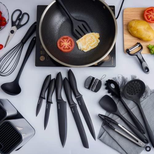 RAXCO Kitchen Utensils Set,18-Piece Cooking Utensils and Knife Set,Black | Food-grade Silicone Heat-safe to 410°F, Detachable Stainless Steel Holder, 5 Kitchen Knives and Cutting Board All-in-one - Image 6