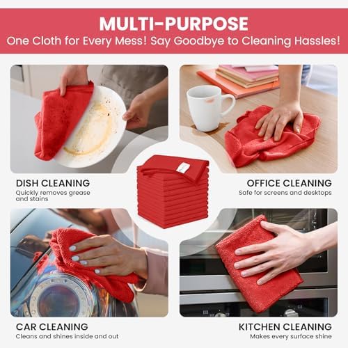 SIFANGKE Microfiber Cleaning Cloth, 12 Pack Red Cleaning Rags for Housekeeping, Reusable Microfiber Towels for Car, Kitchen, Bathroom and Household Cleaning Supplies, 11.8"X11.8" - Image 4