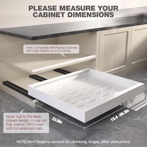 Seinloes 2 Pack Pull Out Cabinet Organizer 24" Deep,Full Extension 3 Slide Rails Slide Out Drawers With Raising Pad for Framed Cabinets,Expandable Width (15.4"-26.2"),No Drill Roll Out Shelf,White - Image 5