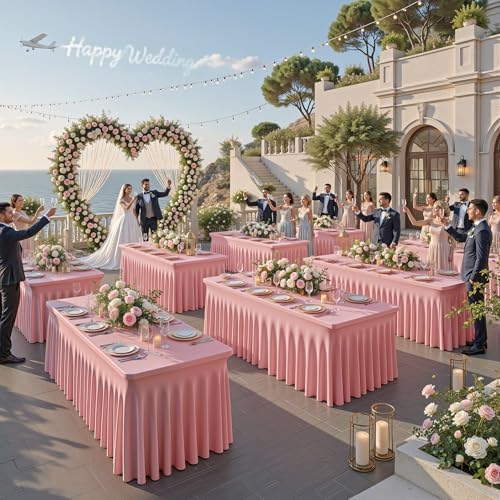 Wish Care 2 Pack Dusty Rose Spandex Table Clothes for 6 Foot Rectangle Tables, 6FT Wrinkle Free Fitted Tablecloths Ruffles Design Table Cloth for Party, Banquet, Wedding and Events - Image 4