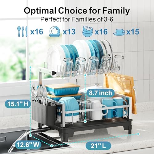 GSlife Stainless Steel Dish Drying Rack 2 Tier, Compact Dish Racks for Kitchen Counter with Cutting Board Holder, Auto-Drain Spout, Rust Proof Dish Drainer for Apartment, 21" L x 12.6" W, Silver - Image 2