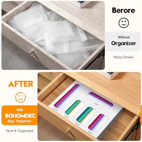 Bamboo Ziplock Bag Storage Organizer for Drawer -White, 5 in 1 Baggie Organizer with 24 Labels - Fits Gallon, Quart, Sandwich & Snack Bags - Wall Mountable Kitchen Drawer Organizer, 3in - Image 2