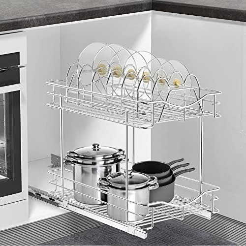 FULGENTE Pull Out Cabinet Pots and Pans Organizer 11" W x 18" D 2 Tier Wire Basket for Lid Cookware Drawer Slide Out Kitchen Cupboard Organization Shelves Shelf for Pantry Roll Out Storage, Chrome by FULGENTE