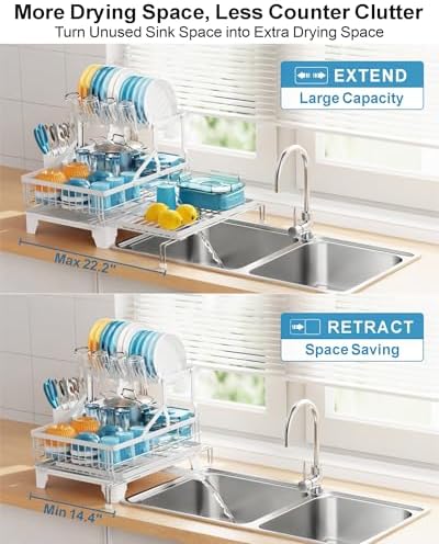 GSlife Large Expandable 2 Tier Dish Drying Rack - Over Sink & Counter Use - Image 2