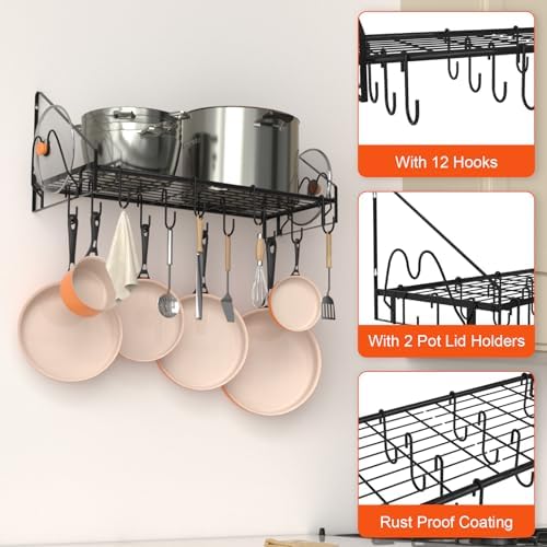 VyGrow 28 Inch Pot Rack Wall Mounted, Pots and Pans Organizer with 12 Hooks and 2 Pot Lid Holders, Heavy Duty Steel Pot and Pan Hanger for Kitchen Cookware Utensils Storage 34.7" Lx13 Wx12.6 H - Image 5