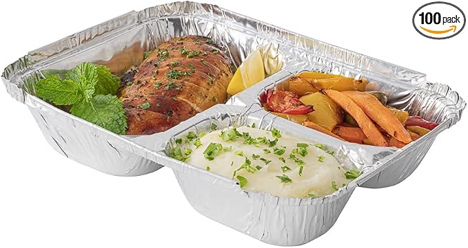 Restaurantware Foil Lux 23 Ounce Aluminum Food Containers 100 Rectangle Aluminum Pans - Lids Sold Separately 3 Compartments Silver Aluminum Foil Containers For Storing Baking And Meal Prep by Restaurantware