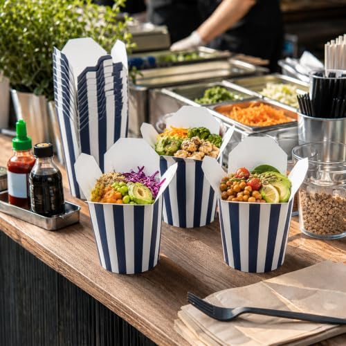 Bio Tek 4 x 3.5 x 4.5 Inch Food Containers, 50 Noodle Takeaway Boxes - Disposable, Striped, Blue And White Paper 32 Ounce Take Out Boxes, Round, For Hot Or Cold Foods - Restaurantware - Image 3