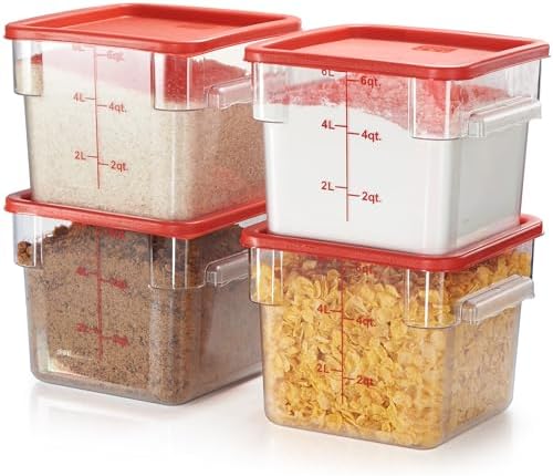 CURTA 4 Pack Food Storage Container with Red Lid - NSF Commercial Grade in 6.0 Qt - Square, Clear, Polycarbonate by CURTA