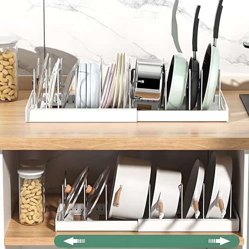 KXSGKRR 2 Pcs Pot and Pan Organizer, Expandable Pots and Pans Organizer Under Cabinet, Pot Lid Holder with 10 Adjustable Compartment for Bakeware, Cutting Boards, Lid, Dishes, Cookware (2 Pcs) by KXSGKRR