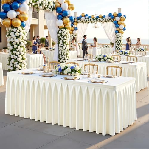 8 Pack Ivory Rectangle Tablecloth 8 FT Stretch Spandex Fitted Table Cloth for 8 Foot Rectangle Tables Banquet Tablecloths Wrinkle Free Table Cover Skirt Ruffle Tablecloth for Party Wedding Birthday - Image 5