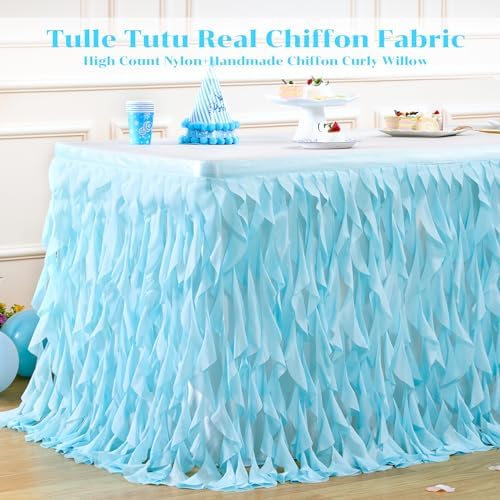 Partisky Aqua Blue Tulle Curly Willow Table Skirt for Rectangle Table 17ft, Ruffle Tutu Table Cloth for Boys Baby Shower,Birthday Party Candy Cake Tables - Image 4